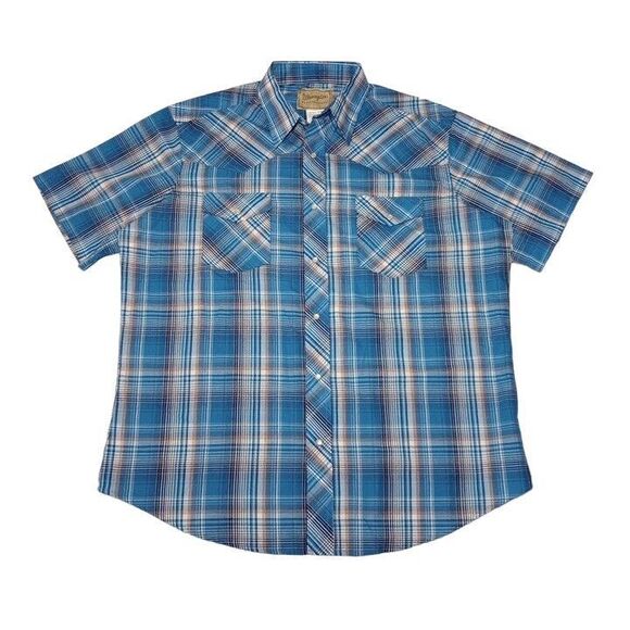 Wrangler Men's XL Western Shirt Blue Pearl Snap Short Sleeve Cotton Polyester‎ - Picture 1 of 6